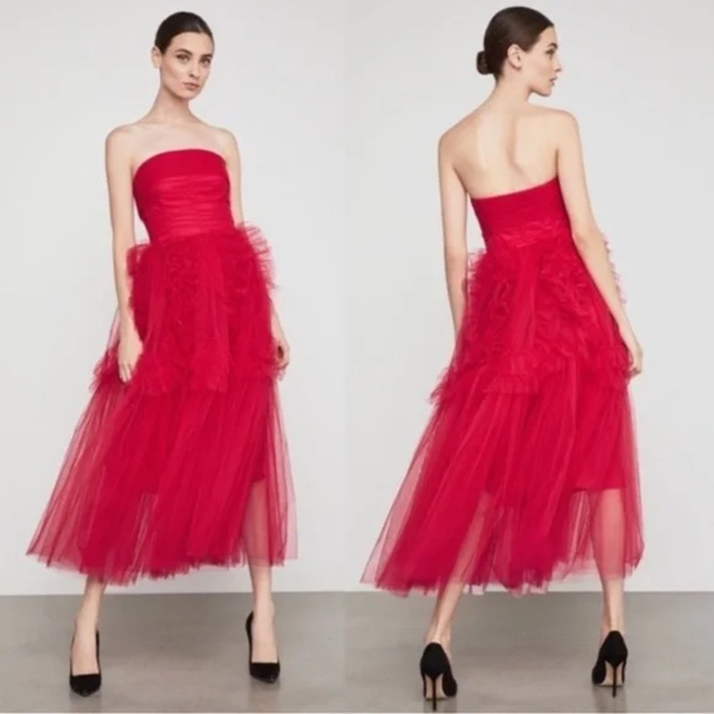 BCBGMAXAZRIA Strapless Ruffled Tulle Dress